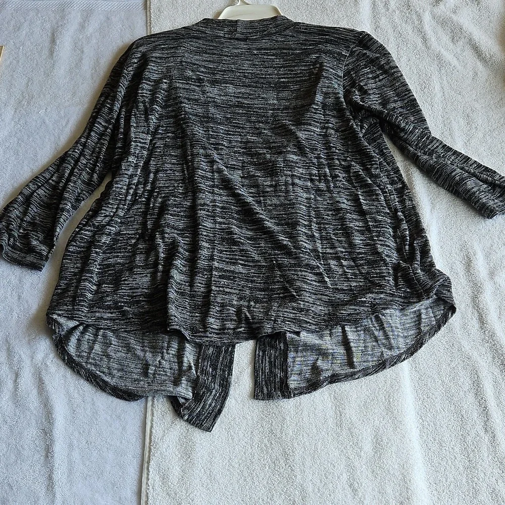 aubergine Striped Knit Open Cardigan Sweater Gray Black 3/4‎ Sleeve Women